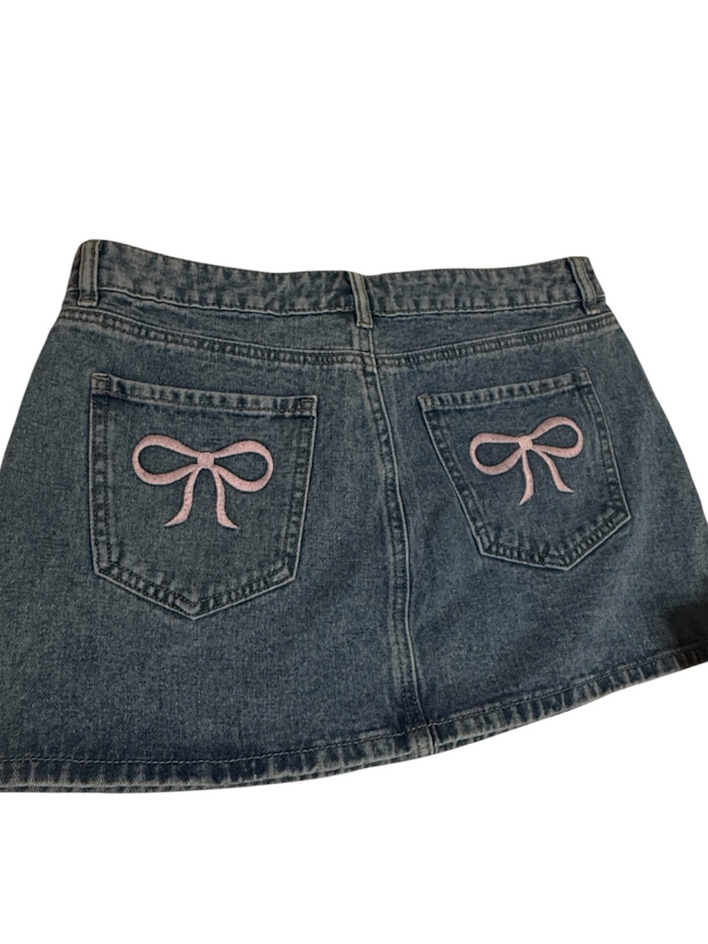Denim Mini Skirt with Pink Bow Embroidery